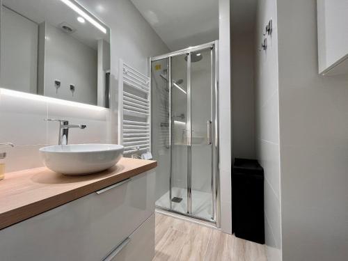 une salle de bain avec un lavabo et une douche en verre dans l'établissement Appartement lumineux 2 pièces, cœur de Saint-Jean-de-Luz, proche plage et commerces, avec WIFI - FR-1-239-1002, à Saint-Jean-de-Luz