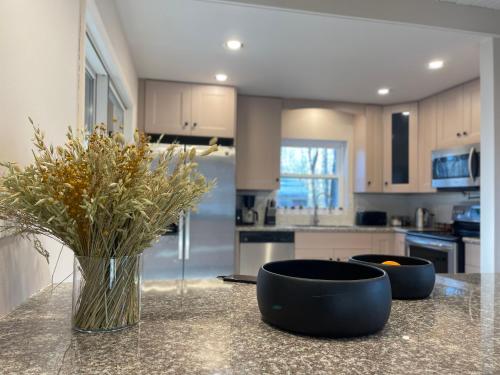 a kitchen with a counter with a vase with flowers on it at Poconos Modern Chalet-Hot Tub-Home Theater-Lake in East Stroudsburg