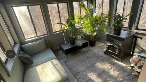 a living room with a couch and a fireplace with plants at Poconos Modern Chalet-Hot Tub-Home Theater-Lake in East Stroudsburg