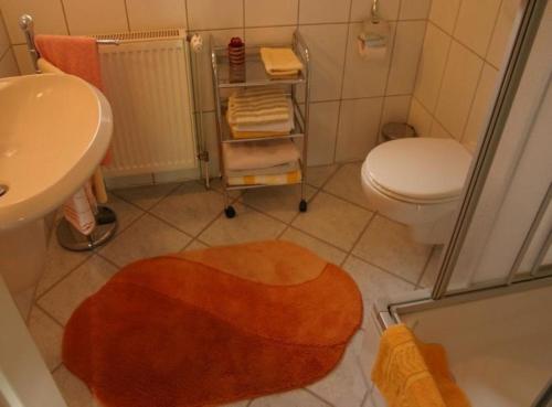 bagno con servizi igienici e lavandino di An einer Schleuse gelegene Ferienwohnung mit Grundstück direkt am Wasser - b56830 a Wesenberg