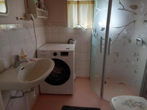 een badkamer met een wasmachine en een wastafel bij Idyllisches Bauernhaus in Småland in Kättilstorp