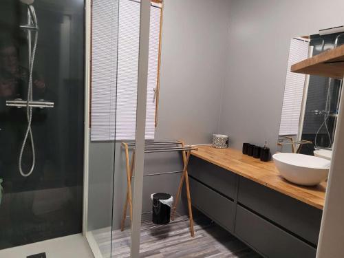 ein Badezimmer mit einem weißen Waschbecken und einer Dusche in der Unterkunft Villa Merlimont, 5 pièces, 10 personnes - FR-1-672-31 in Merlimont