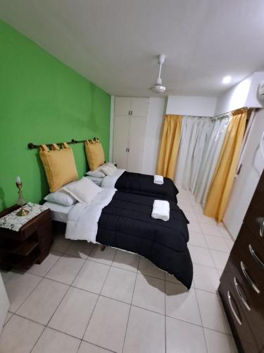 Un dormitorio con una cama grande y una pared verde en Duplex en Formosa