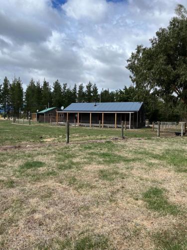a barn with a blue roof in a field at Sherwood Ranch Cottages - 405 Woodbank Road in Hanmer Springs