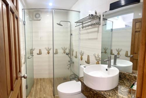 Xã Thang Tam的住宿－Sun Rose Hotel & Apartment，一间带水槽和玻璃淋浴的浴室
