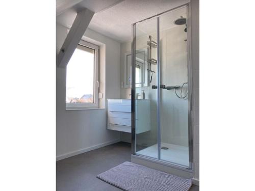 a bathroom with a glass shower and a sink at Summit happiness at the purple beech in Bad Harzburg