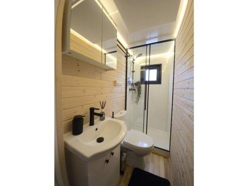 een badkamer met een witte wastafel en een toilet bij Ahoy Masal Modern retreat in Lübeck