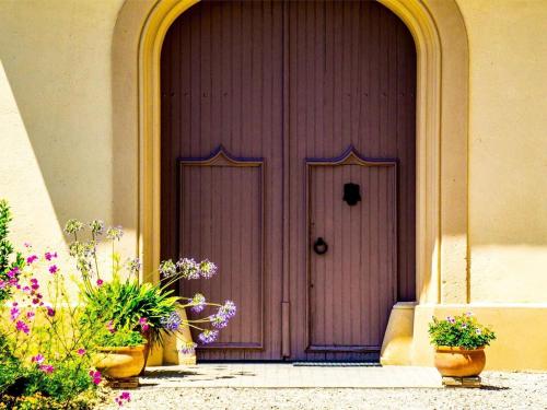 a purple door of a building with potted plants at Flat Riu d'Agost with garden terrace in La Torre de Claramunt