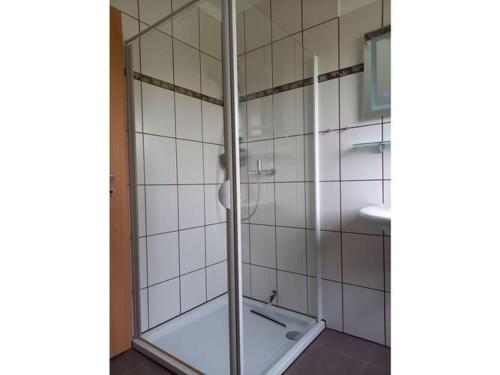 La salle de bains est pourvue d'une douche avec une porte en verre. dans l'établissement Nice apartment in Mossautal, à Mossautal