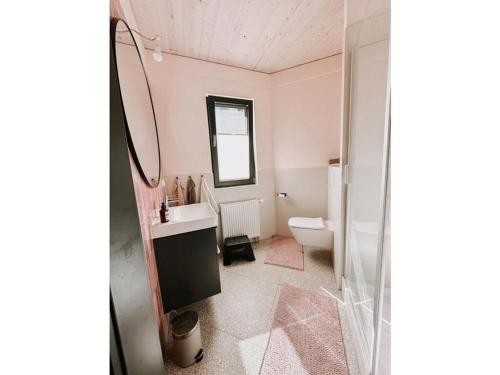 a bathroom with a toilet and a sink and a mirror at Super nice holiday home by the lake in Templin