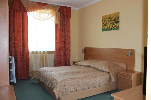 sypialnia z łóżkiem i oknem w obiekcie Zakarpattya w mieście Polyana (Polana)