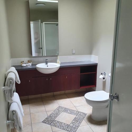 ein Badezimmer mit einem Waschbecken, einem WC und einem Spiegel in der Unterkunft Kuirau Chalet Villa 3-bedroom Twin Lake in Rotorua