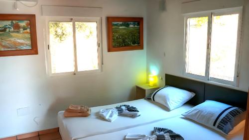 2 camas en una habitación con 2 ventanas en Chalet with private jacuzzi -Mi Dushi, en Tolox
