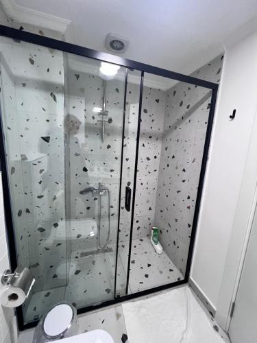 a bathroom with a shower with a glass wall at Allegro Apartments Kadıköy in Istanbul