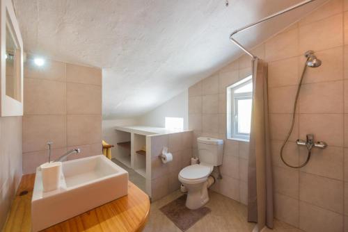a bathroom with a sink and a toilet and a shower at Quaint 3 BDR Beach Bungalow in a fishing village in Grand Gaube