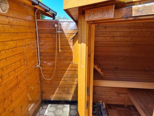 a sauna with a shower in a wooden building at Daffodil Modern Retreat in Bad Mitterndorf