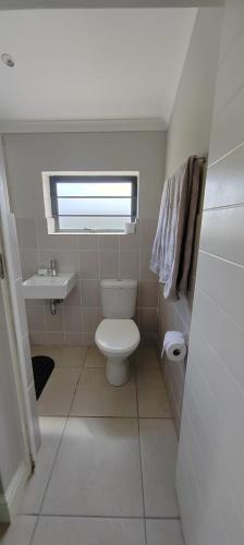 a bathroom with a toilet and a sink and a window at Pleasant Hill in Gqeberha