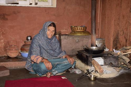 een vrouw op de vloer in een kamer met een fornuis bij NotOnMap- Hidden Hamlet Gowari in Tisa