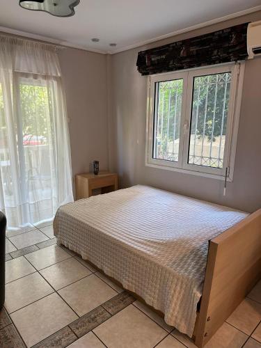 een slaapkamer met een bed en 2 ramen bij ANGEL , Luxury 2BD apartment next to the Beach in Athene