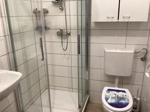 a bathroom with a shower with a toilet and a sink at Pension Krüger in Seeboden