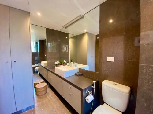a bathroom with a toilet and a sink and a mirror at Beautiful 1 bedroom unit 1 block from Coogee beach in Sydney