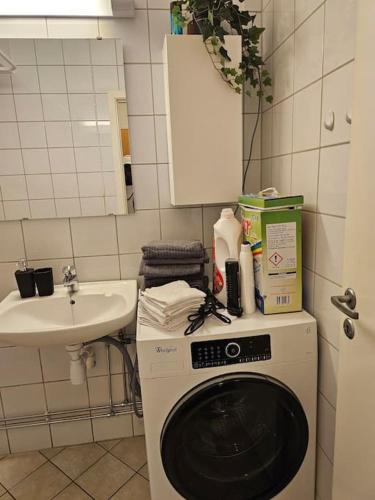 a washing machine in a bathroom with a sink at skyline flat with free parking in Lorenskog
