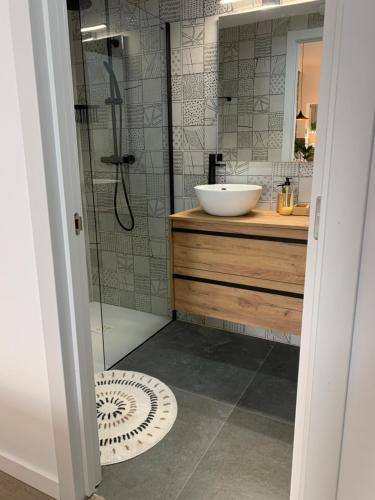 a bathroom with a sink and a glass shower at Luna y Sol in Valencia
