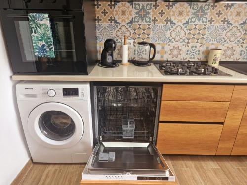 uma cozinha com um micro-ondas e uma máquina de lavar roupa em House of flowers em Petroşani