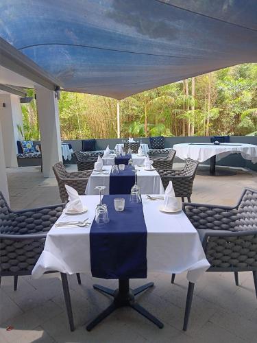 a group of tables and chairs with white and blue table cloth at Songbirds Rainforest Retreat in Mount Tamborine