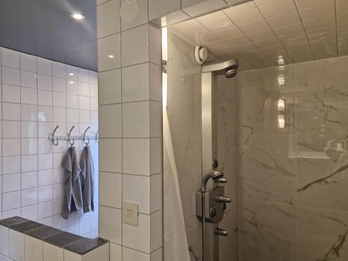 uma casa de banho com um chuveiro e uma porta de vidro em Apartment Aekta Studio 2 em Gotemburgo