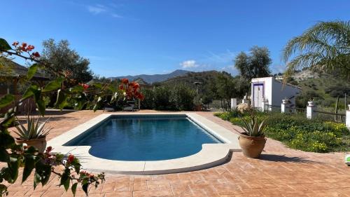 una piscina en un patio con macetas en Finca Valle Verde en Alora