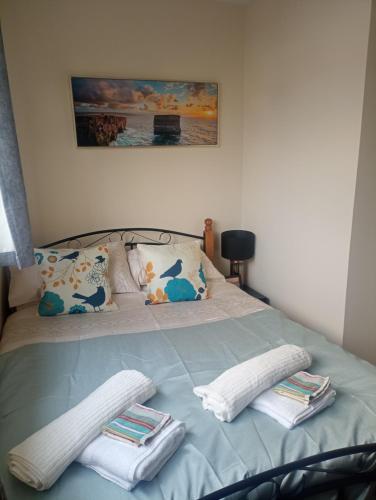 uma cama com duas almofadas em cima em Salthill Stay B&B em Galway