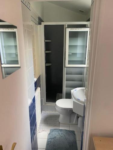 une petite salle de bain avec toilettes et lavabo dans l'établissement Studio cosy avec jardin Chatou, à Chatou
