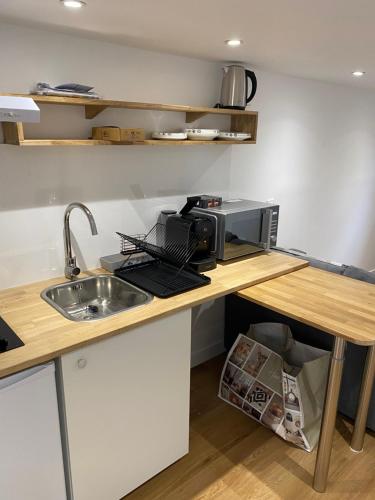 une cuisine avec un évier et un micro-ondes sur un comptoir dans l'établissement Petit chalet, à Aubervilliers