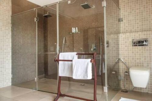 a bathroom with a shower with a sink and a toilet at Villa Divina · Luxurious 4BHK Villa in Candolim in Goa