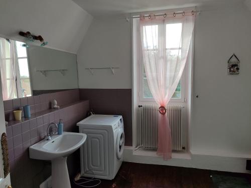 ein Bad mit einem Waschbecken, einem WC und einem Fenster in der Unterkunft Chambres d'hôtes chez Sylvie in Donnemain-Saint-Mamès