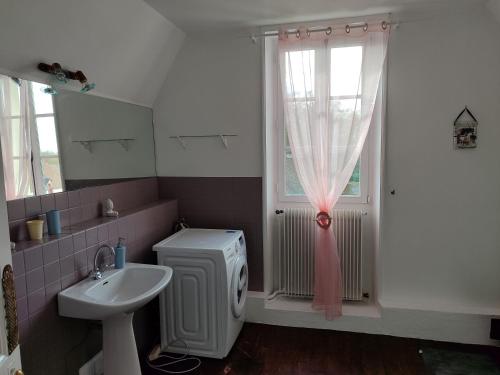 a bathroom with a sink and a toilet and a window at Chambres d'hôtes chez Sylvie in Donnemain-Saint-Mamès