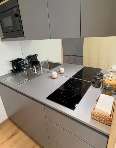 a kitchen counter with a sink and a stove at Daheim an der Lage in Obegg