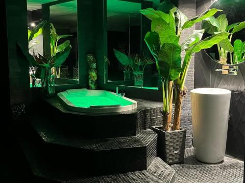 La salle de bains est pourvue d'une baignoire verte et de plantes en pot. dans l'établissement Appartement la ciotat vue mer, à La Ciotat