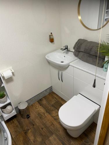 a white bathroom with a toilet and a sink at The Lair in Whitby