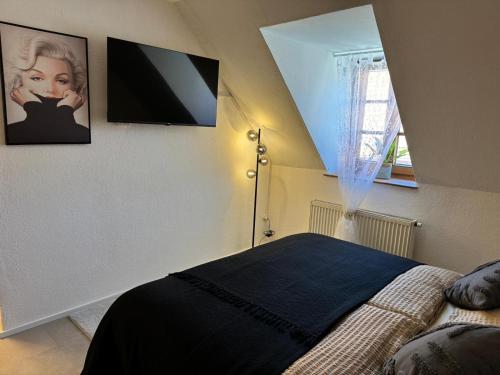 1 dormitorio con 1 cama y TV de pantalla plana en Gemütliche Ferienwohnung in Bad Leonfelden, en Bad Leonfelden