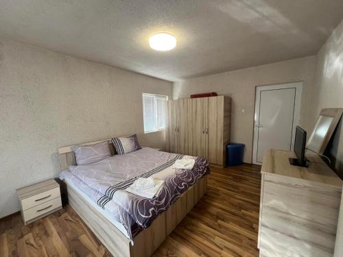 ein kleines Schlafzimmer mit einem Bett und einem TV in der Unterkunft Къща за гости ДАП Баните in Banite