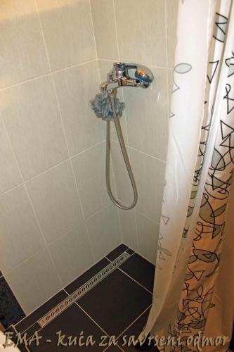 a shower with a shower head and a shower curtain at Holiday home Ema in Tuheljske Toplice