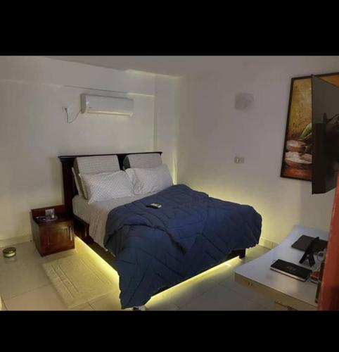 a bedroom with a bed with a light on the floor at Sterling House in Douala