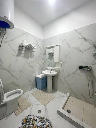 a white bathroom with a toilet and a sink at Alex Apartment in Pogradec