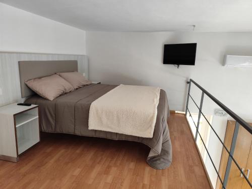 1 dormitorio con 1 cama y TV de pantalla plana en Casa lago di lesina, en Lesina