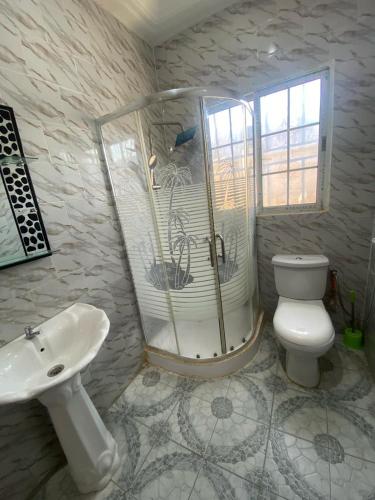 a bathroom with a shower and a toilet and a sink at The Girls Guest house in Bathurst
