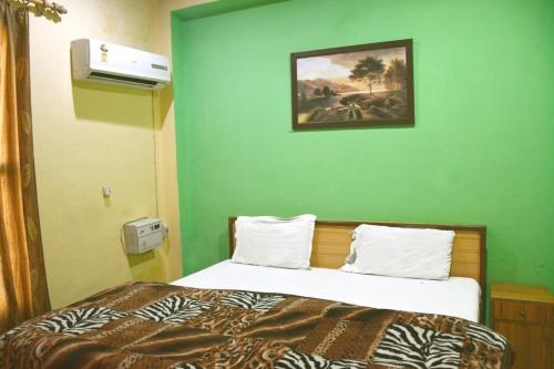 a bedroom with a bed with a green wall at AR Resort Gauchar in Chamoli