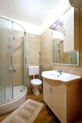łazienka z toaletą, umywalką i prysznicem w obiekcie Apartments Goranka w mieście Murter