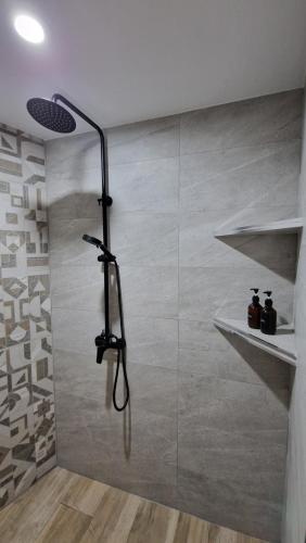 y baño con ducha y pared de cristal. en Carmela estudio en Málaga